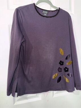 Leslie Fay Plum Long-Sleeve Floral Appliqué Tee